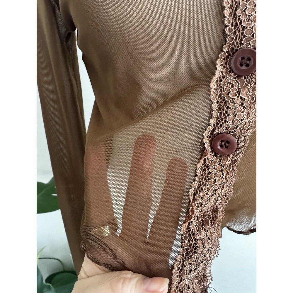 Y2K Brown Sheer Mesh Lace Trim Cropped Button Front Long Sleeve Top M Coquette - Picture 4 of 14